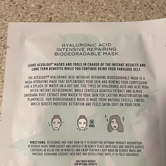 ACEOLOGY' HYALURONIC ACID INTENSIVE REPAIRING BIODEGRADABLE MASKS | Set of 2 NEW - Picture 5 of 6
